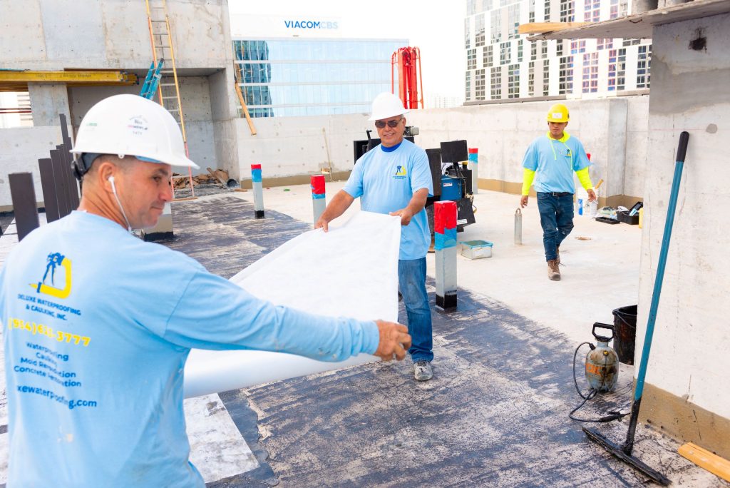 Deluxe Waterproofing technicians reviewing project blueprints